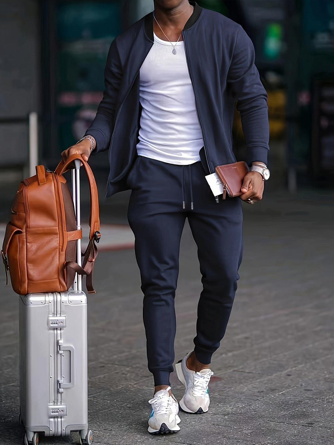 Hombre vistiendo conjunto casual de dos piezas. Estilo moderno, perfecto para deporte o viaje con comodidad.