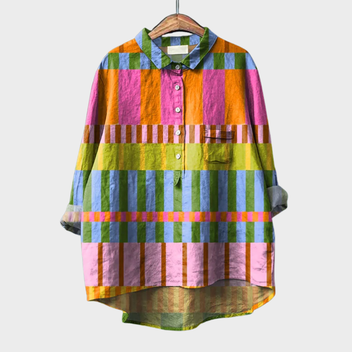 Blusa de verano elegante para mujer con estampado artístico ámbar. Moda femenina transpirable de manga larga, estilo casual chic.