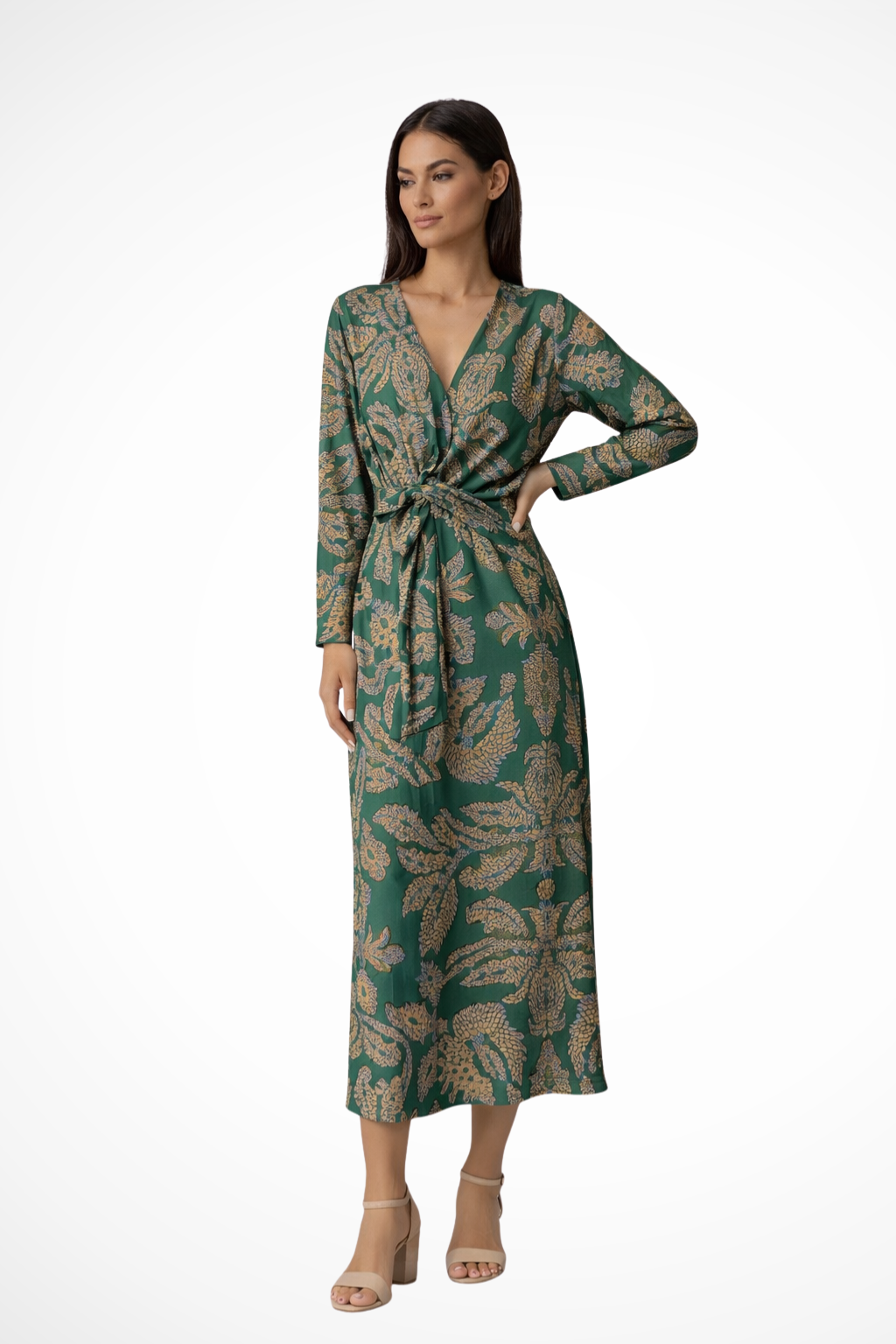 Vestido de mujer maxi con escote V y cintura ajustable, ideal para eventos elegantes y bodas.