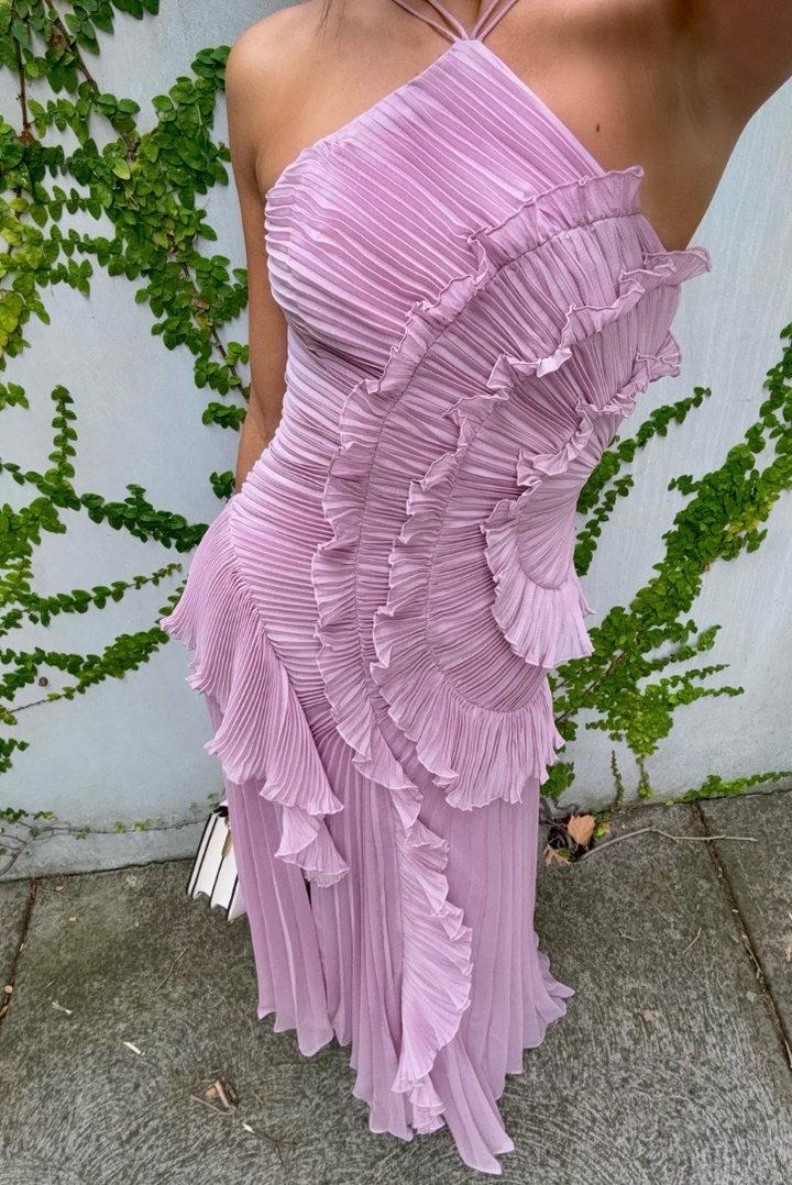 Vestido casual y de fiesta para mujer, largo, plisado, con escote halter y volantes para el verano.