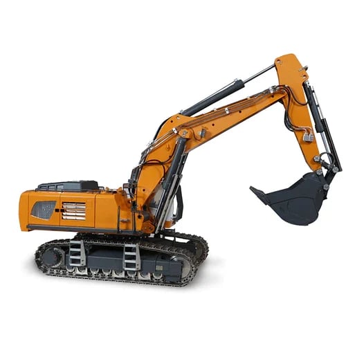 Excavadora RC hidráulica 1/14 RTR de alta precisión excavando. Maquinaria de construcción a control remoto en acción.