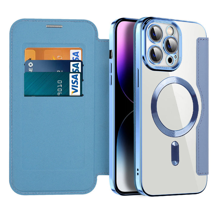 Funda de cuero para iPhone. Estilo flip, con cierre magnético y protección RFID para seguridad.