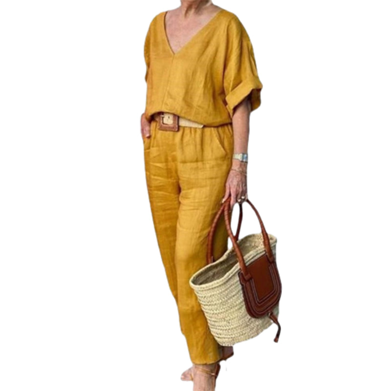 Moda mujer: Conjunto dos piezas blusa cuello V y pantalón recto. Diseño cómodo y elegante con bolsillos funcionales.