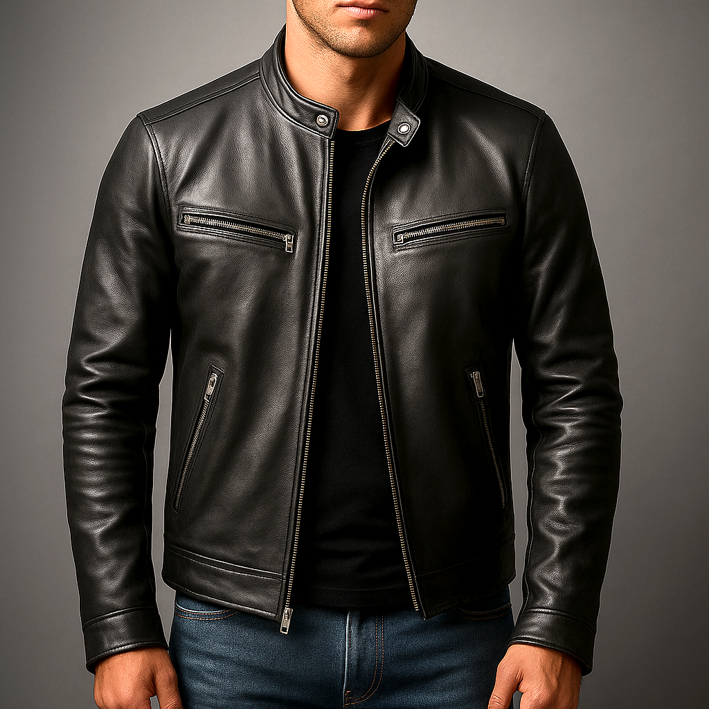 Moderna chaqueta vintage ligera para hombre, ideal para un look urbano y elegante de moda masculina.
