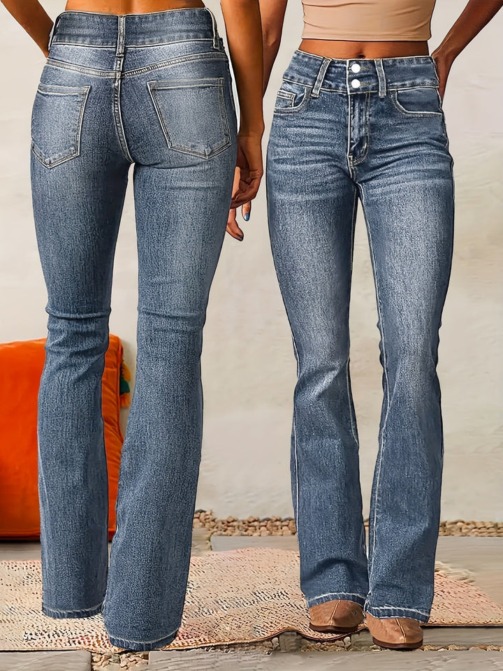 Jeans acampanados de cintura alta para mujer, con doble botón. Pantalones denim que estilizan la figura.