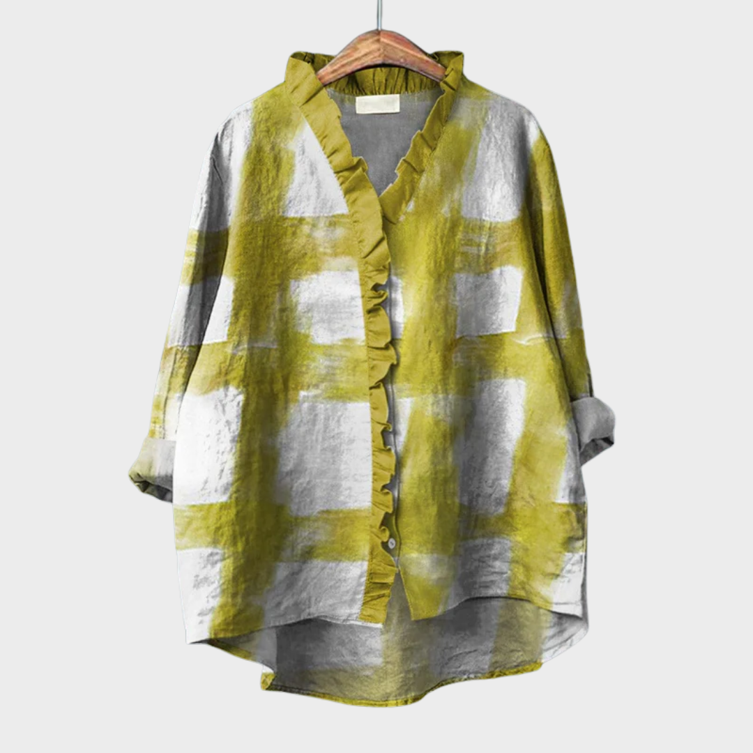 Blusa de verano amarilla estampada para mujer, estilo elegante y casual. Ligera y transpirable.