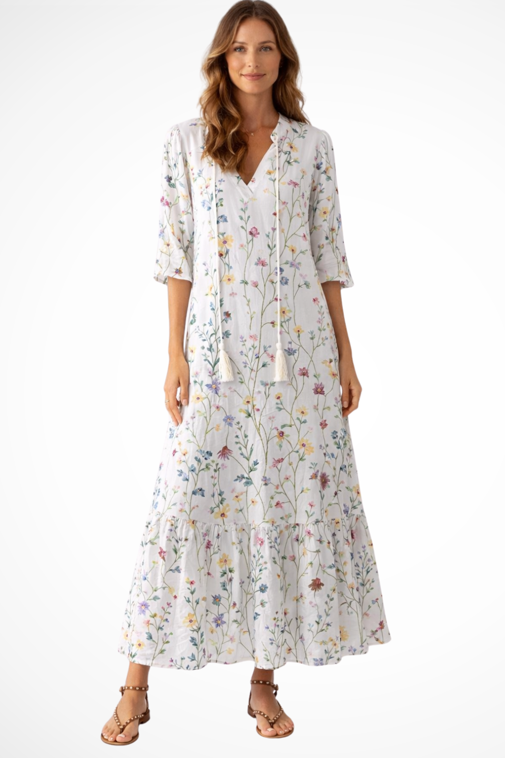 Elegante vestido maxi bohemio para mujer, con caída fluida, ideal para la playa y verano.