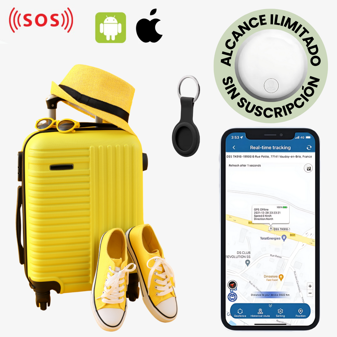 Rastreador GPS universal para maletas y objetos. Discreto, sin suscripción. Seguridad antirrobo en viajes.