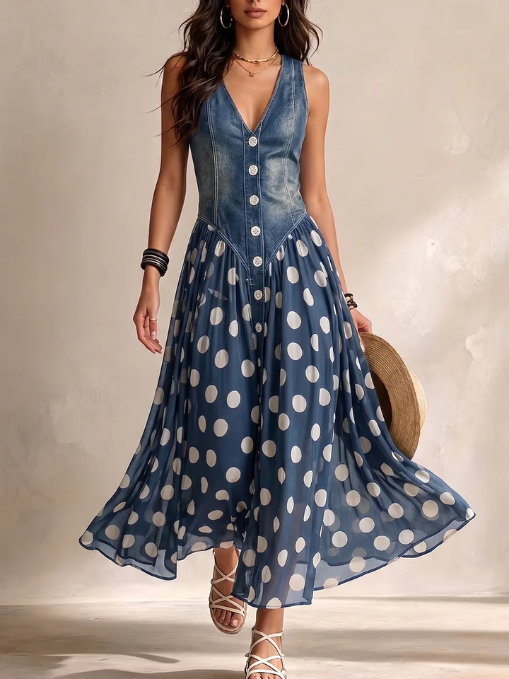 Vestido largo de mujer azul sin mangas con efecto denim, falda de lunares y escote V. Estilo casual de verano.