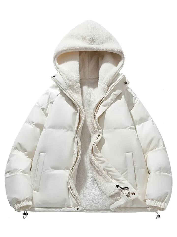 Abrigo de invierno cálido y elegante para mujer con capucha, ideal para protección contra el frío y estilo casual.