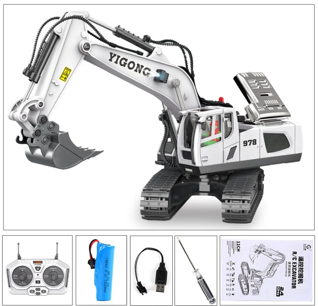 Vista lateral de excavadora hidráulica RC 1/14 RTR de alta precisión. Maquinaria de construcción con radio control.