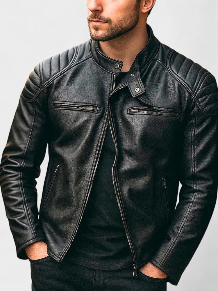Elegante chaqueta de cuero vintage, diseño hombre. Abrigo esencial para el frío de otoño e invierno.
