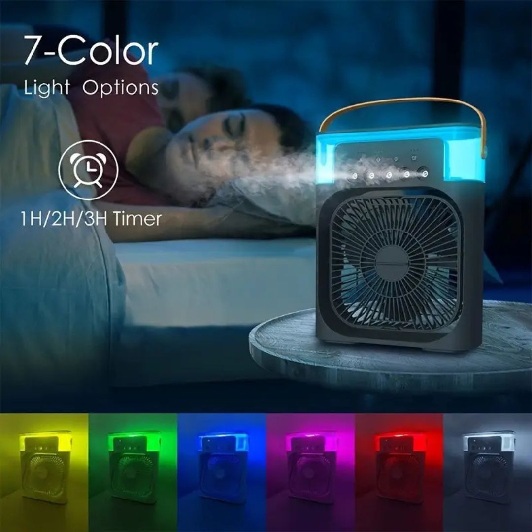 Enfriador de aire silencioso para escritorio, humidifica y purifica, perfecto para climatización.