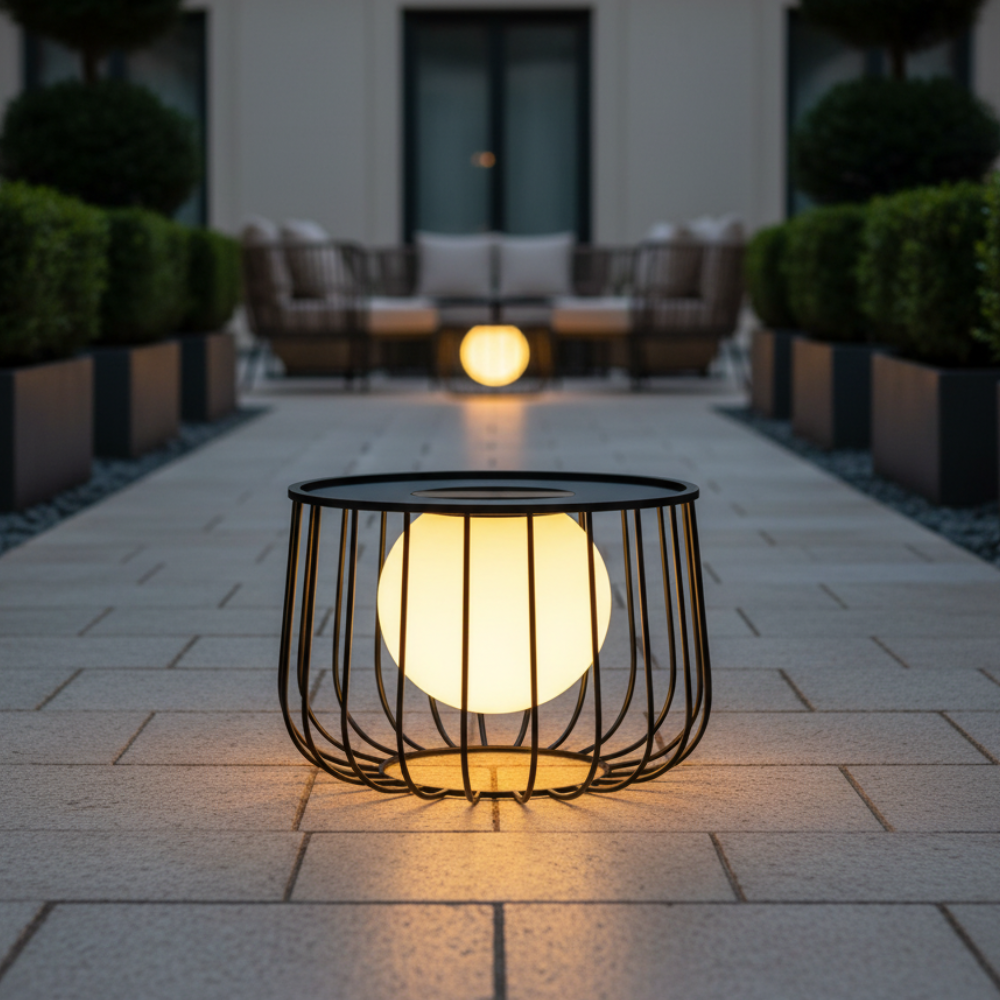 Lámpara de energía solar para patio, balcón y jardín. Luz LED exterior regulable.