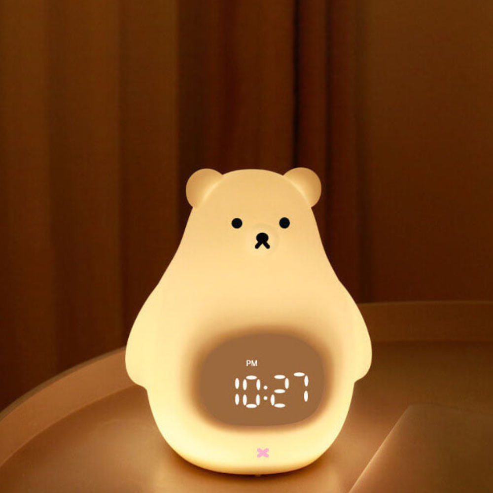 Despertador con luz nocturna de oso polar, USB, iluminación suave para dormitorio infantil.