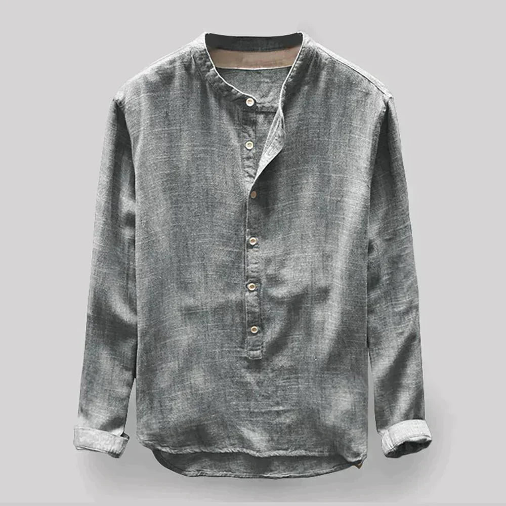 Camisa de manga larga para hombre, estilo casual y cuello mao, disponible en varios colores para moda versátil.