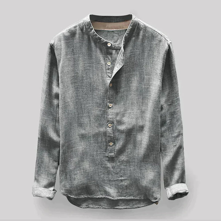 Camisa de manga larga para hombre, estilo casual y cuello mao, disponible en varios colores para moda versátil.