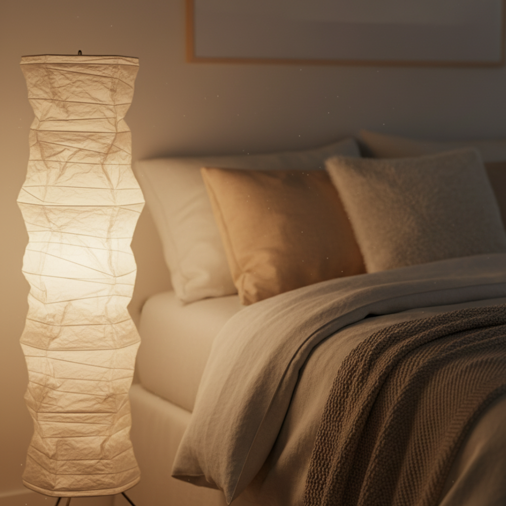 Lámpara de pie WabiSabi orgánica estilo Japandi moderno. Luz cálida y diseño elegante para salón o dormitorio.