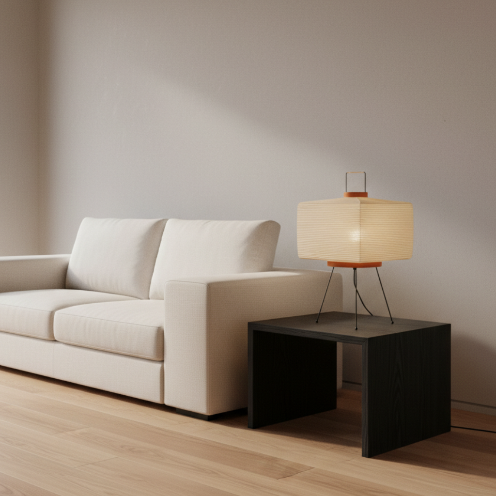 Lámpara de mesa Akari 7A, diseño japandi para una luz suave y lectura cómoda.