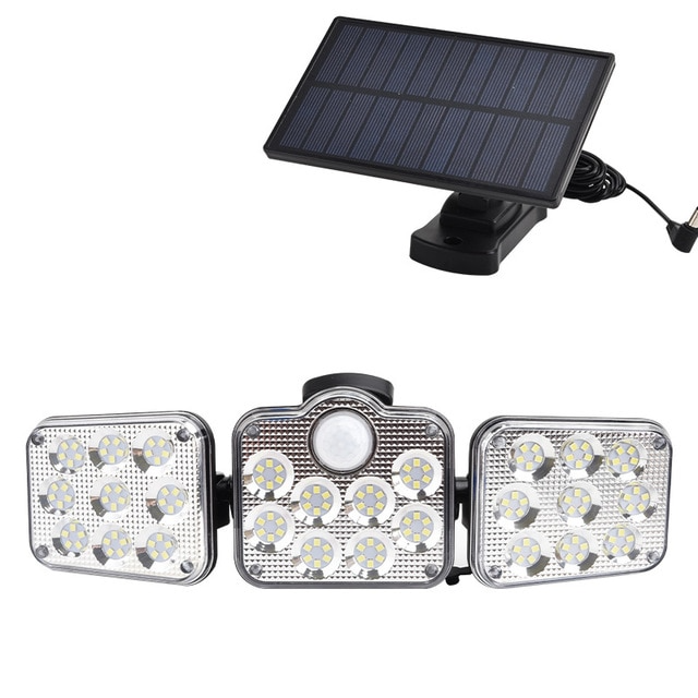 Foco LED solar con panel integrado y sensor de movimiento para iluminación de seguridad exterior.