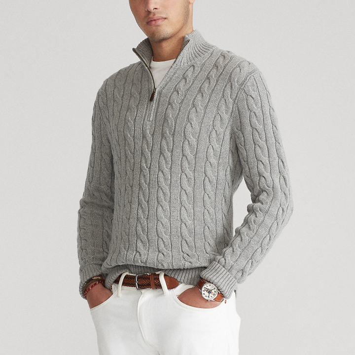 Suéter de punto para hombre con cremallera, diseño trenzado elegante y cuello alto, ideal para clima frío.