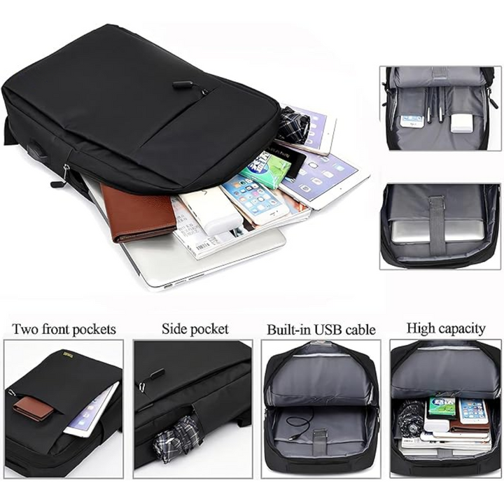 Mochila de viaje antirrobo gris moderna y funcional, con espacio para laptop y puerto de carga.