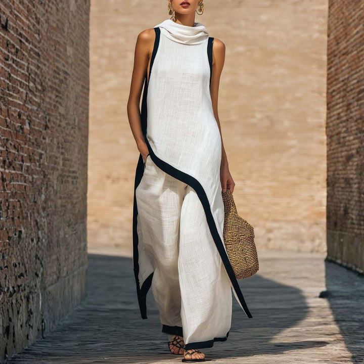 Túnica asimétrica de lino y algodón con pantalón ancho, conjunto de mujer fresco y casual. Perfecto para el verano.
