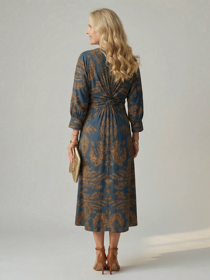 Vestido midi elegante mujer, ideal para eventos con su corte cruzado y cintura ceñida.