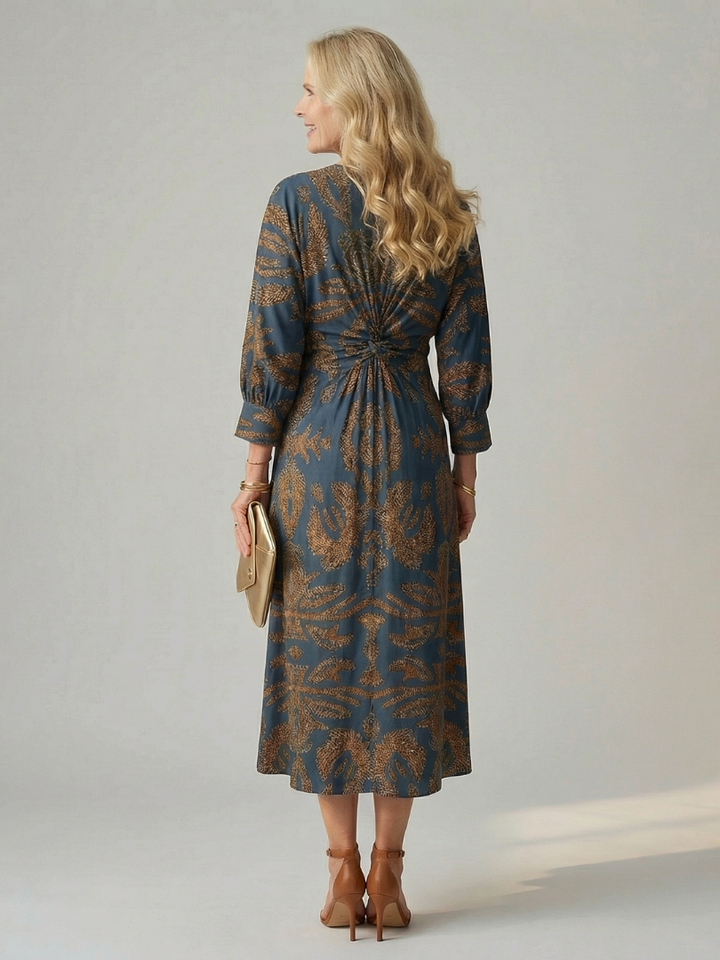 Vestido midi elegante mujer, ideal para eventos con su corte cruzado y cintura ceñida.