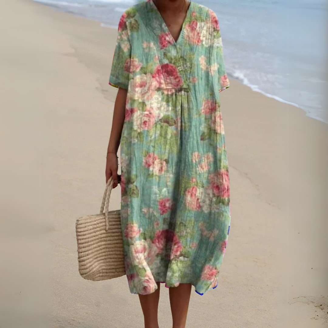 Vestido floral versátil y cómodo de mujer, estampado vibrante para verano y primavera.