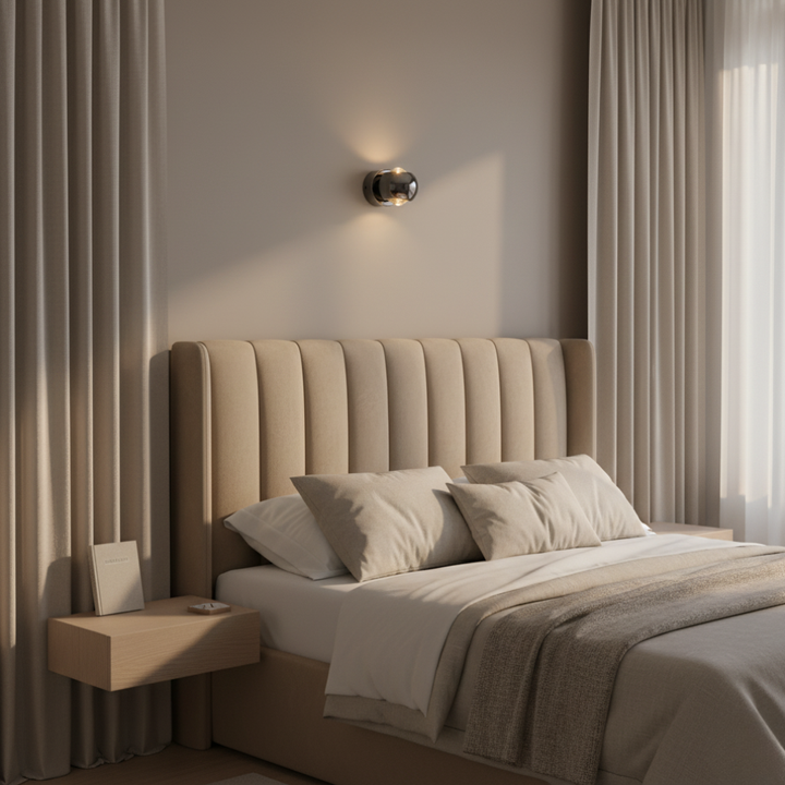 Lámpara de pared LED escultural tipo Diabolo. Diseño moderno de doble haz para interiores.