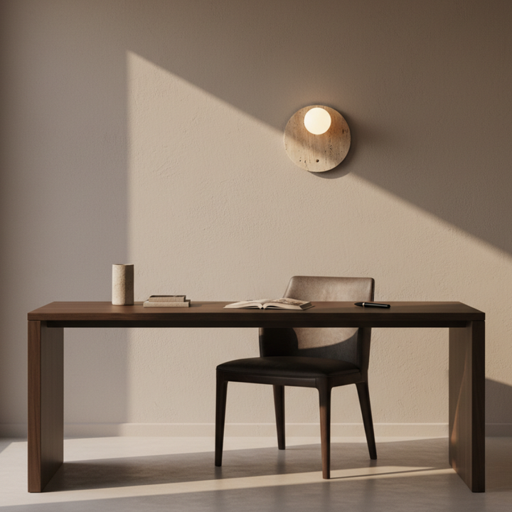 Aplique de pared Wabi-Sabi de piedra, luz cálida natural. Lámpara minimalista para crear un ambiente relajante.