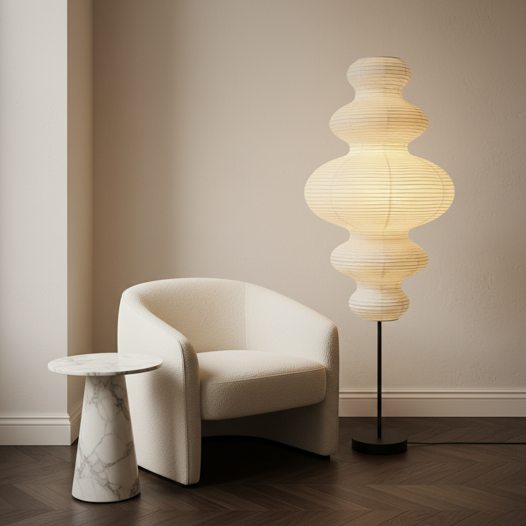 Lámpara de pie Akari Jun. Luz ambiental suave ideal para dormitorio o salón. Decoración moderna.