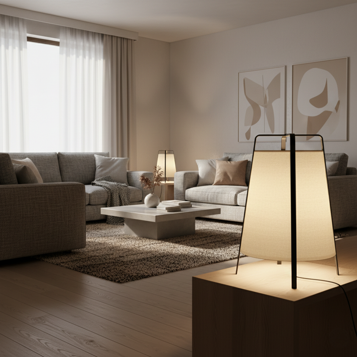 Lámpara de pie, diseño minimalista, luz cálida ideal para salón o lectura.