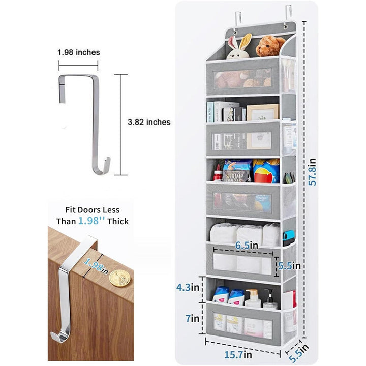 Maximiza tu espacio con este organizador colgante gris de 5 estantes, perfecto para almacenamiento vertical en puertas.