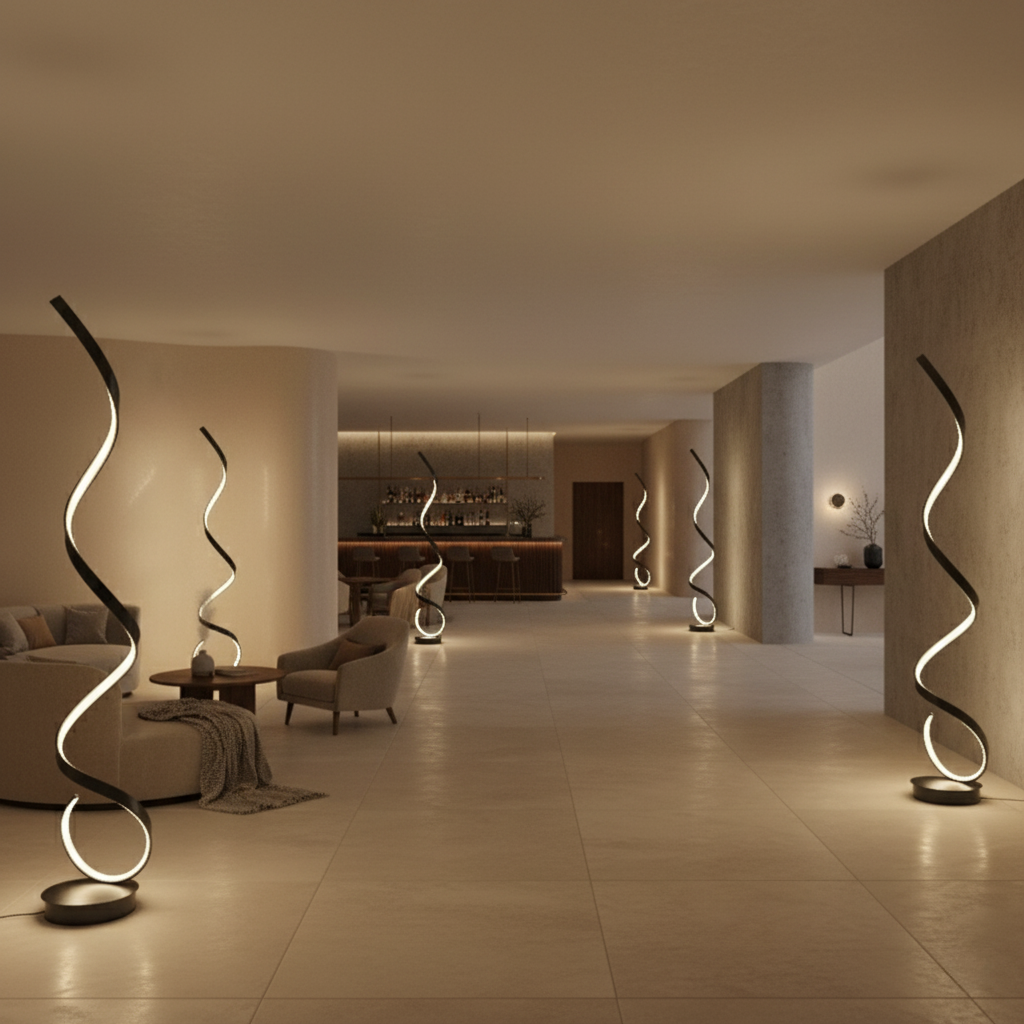 Lámpara de pie espiral LED para sala de estar, regulable para cualquier ambiente deseado.