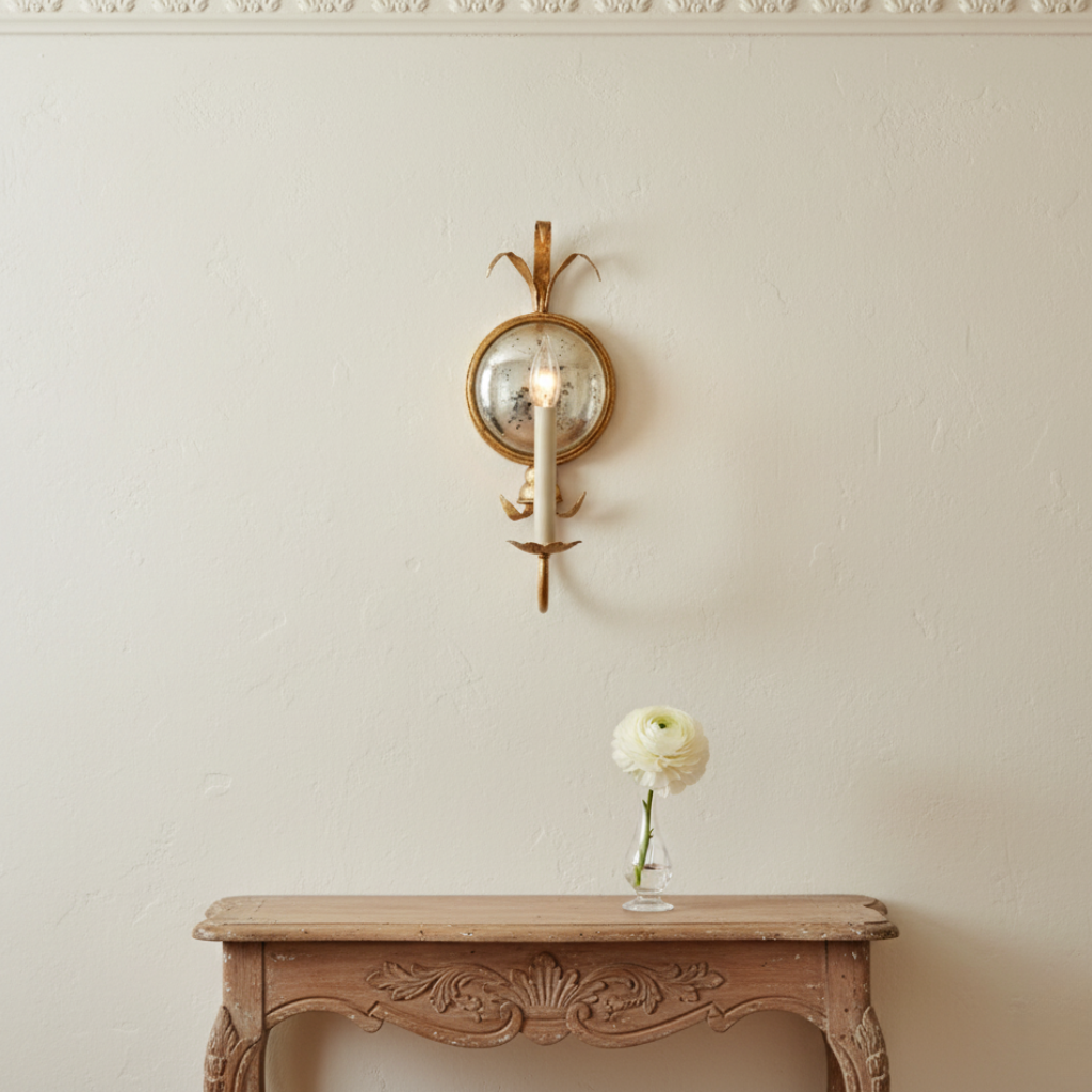 Aplique de pared decorativo en latón antiguo con espejo. Diseño clásico con luces estilo vela.
