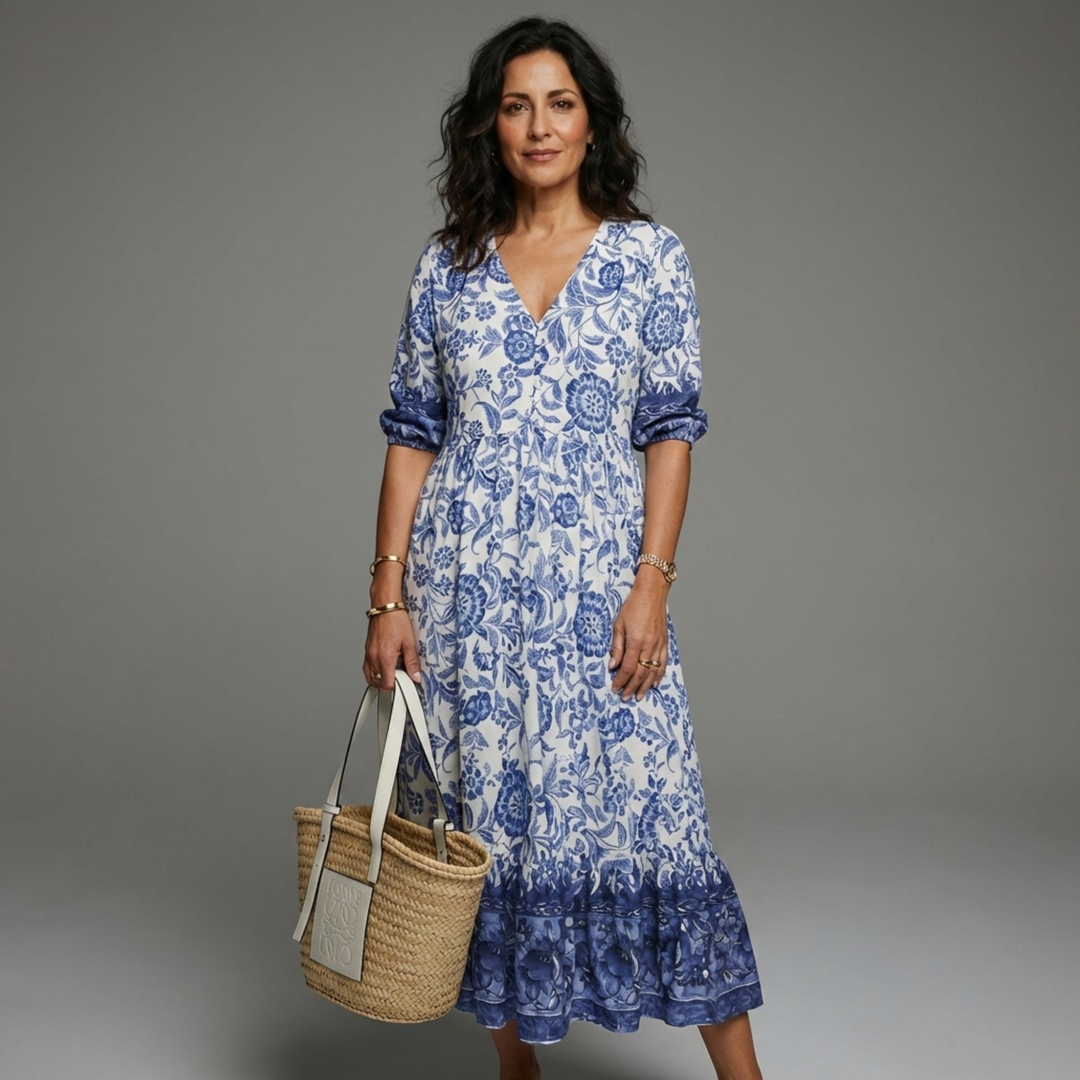 Vestido floral casual de mujer con escote V, corte fluido y estampado de verano. Ligero y cómodo.