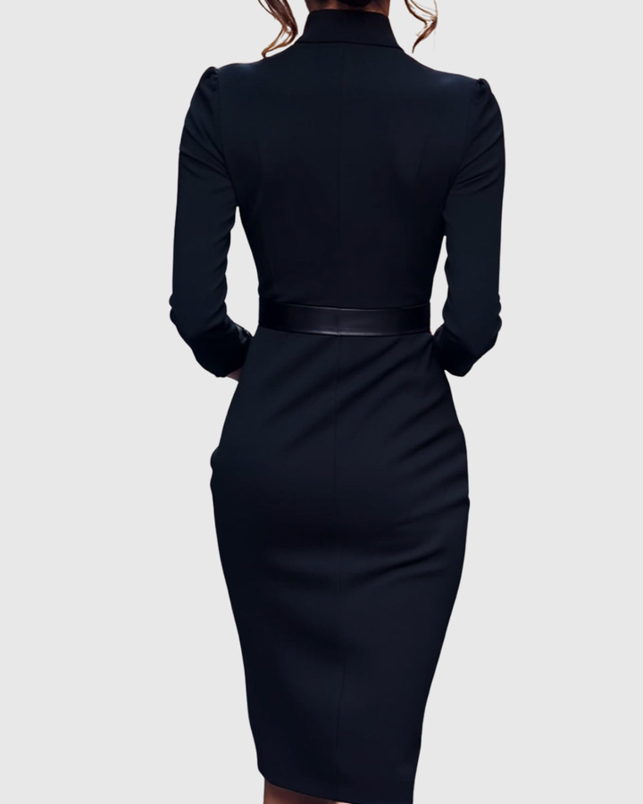 Elegante vestido Claribel negro para invitada, perfecto para noche y celebraciones.