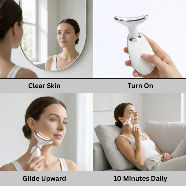 Herramienta facial 7-en-1 para rejuvenecimiento, con LED, EMS, calor y vibración para una piel sana.