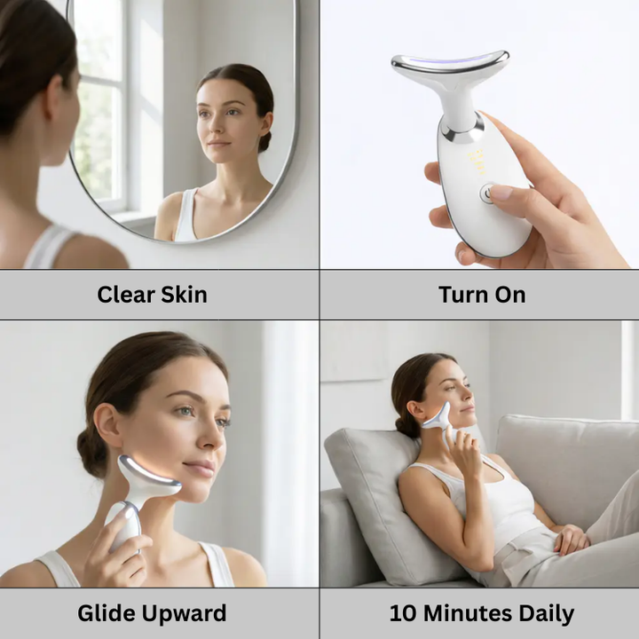 Herramienta facial 7-en-1 para rejuvenecimiento, con LED, EMS, calor y vibración para una piel sana.