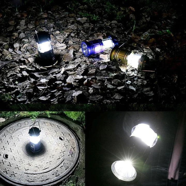 Luz LED recargable solar y USB, con función power bank. Indispensable para camping y emergencias.
