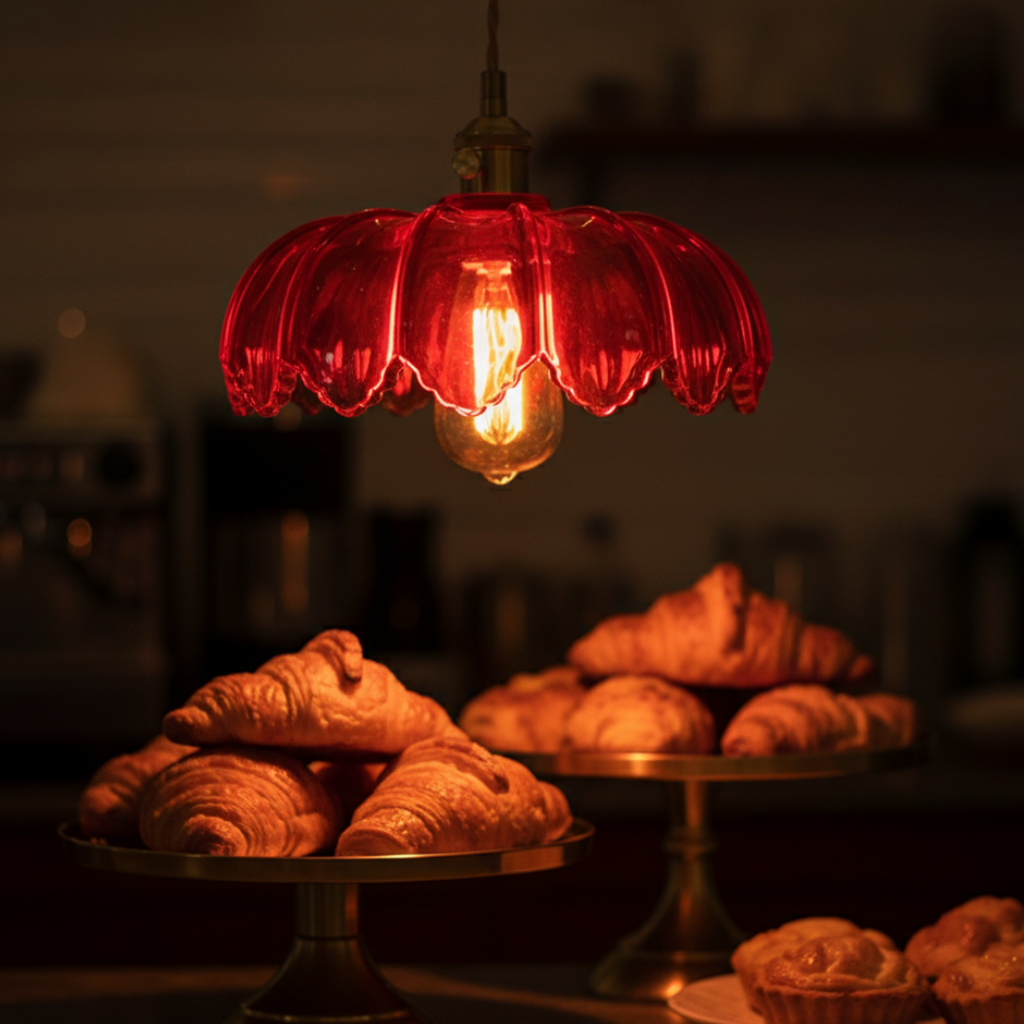 Lámpara colgante floral de vidrio para comedor. Estilo vintage que crea un ambiente retro y luz cálida.