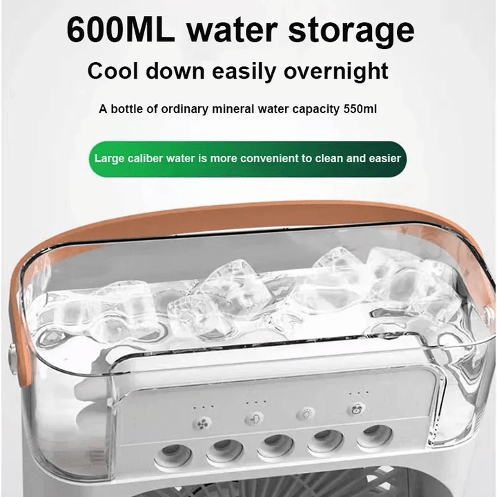 Ventilador portátil con sistema de nebulización, climatiza y refresca tu ambiente en casa u oficina.