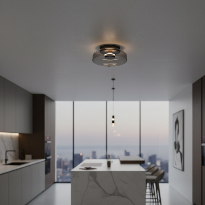 Aplique de pared Halo con luz indirecta, creando un ambiente acogedor y un diseño elegante para tu hogar minimalista.