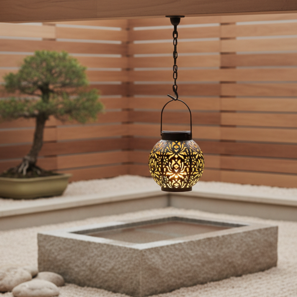 Vista de lámpara solar colgante con patrón floral, ideal para decoración nocturna de jardín.