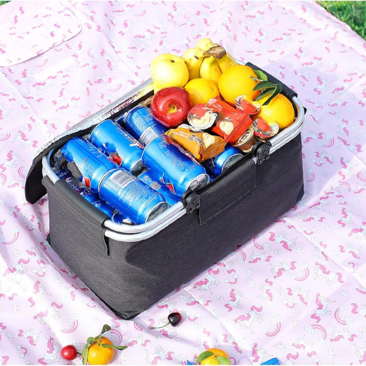 Cesta de picnic robusta 18L, plegable y aislada. Diseño impermeable ideal para camping y transporte de alimentos.