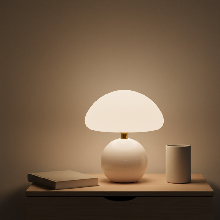 Decora tu sala de estar con esta lámpara de mesa hongo LED de diseño moderno y luz ambiente vibrante.