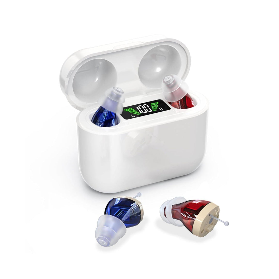 Amplificadores auditivos digitales recargables con estuche de carga inalámbrica, discretos y cómodos para el oído.
