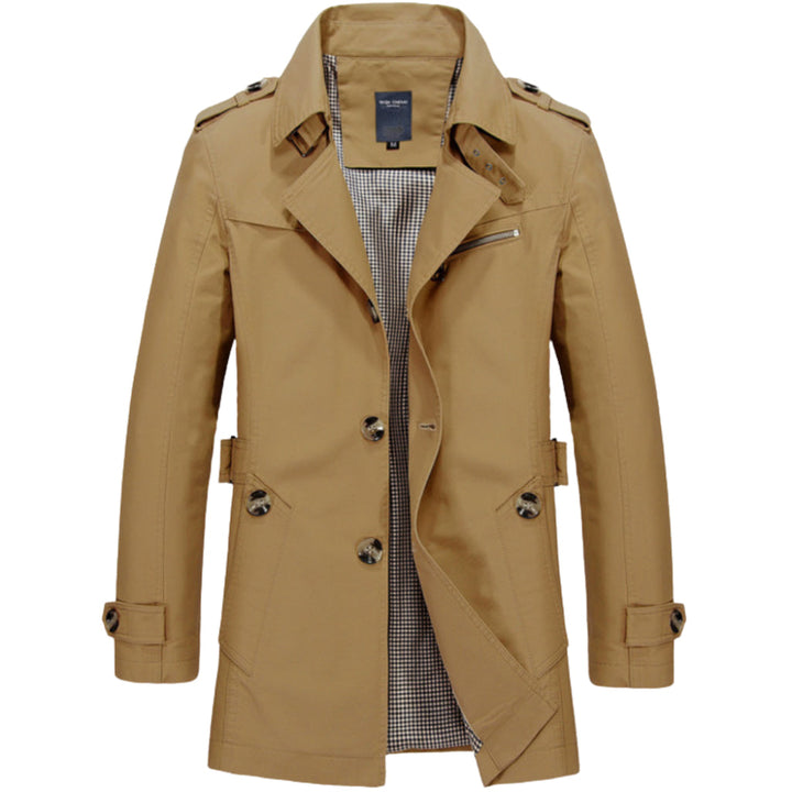 Abrigo masculino estilo militar con bolsillo seguro, gabardina impermeable ideal para moda de entretiempo elegante.